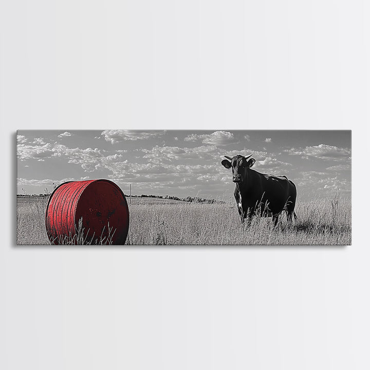Black Cow, Farmhouse Art, Rustic Decor, Western Wall Art, Long Narrow Wall Art, Moody Art, Extra Wide Art, Framed Canvas Print