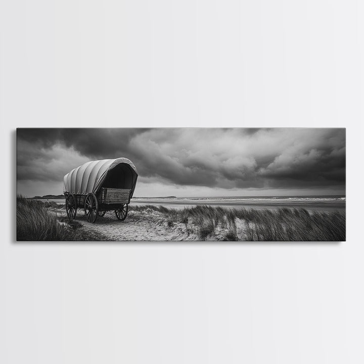 Covered Wagon, coastal cowgirl wall art, rustic decor, farmhouse art, long narrow wall art, framed canvas print, extra wide art