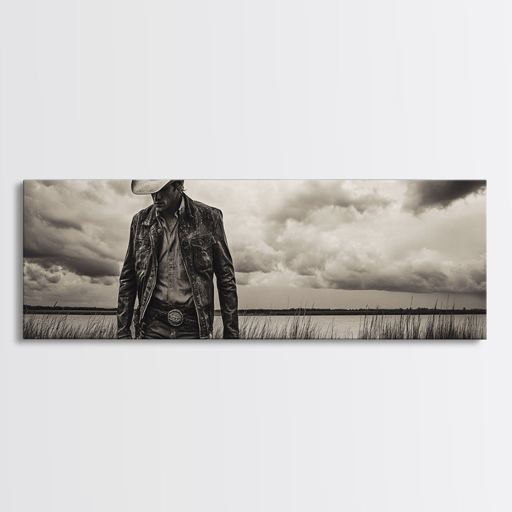 Cowboy Portrait, rustic wall art, moody art, black cowgirl painting, wabi sabi art, western decor, framed canvas print, extra wide art