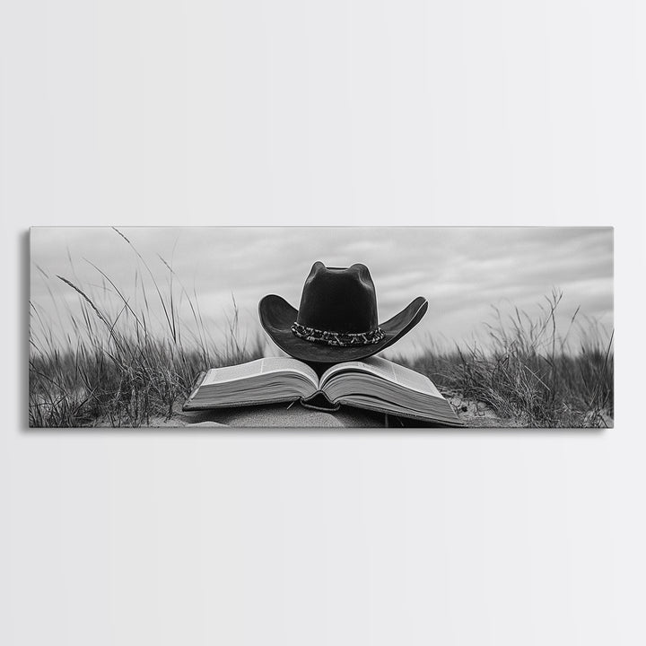 Cowboy Hat, wabi sabi art, rustic decor, farmhouse art, moody art, extra wide art, coastal wall art, framed canvas print, boho art