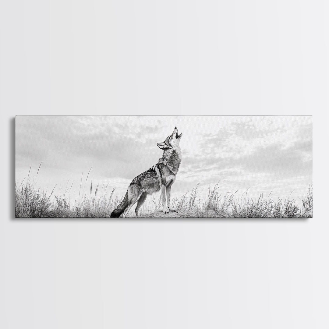 Lone Coyote, southwest wall art, wabi sabi art, extra wide art, moody art, landscape painting, framed canvas print, panoramic art