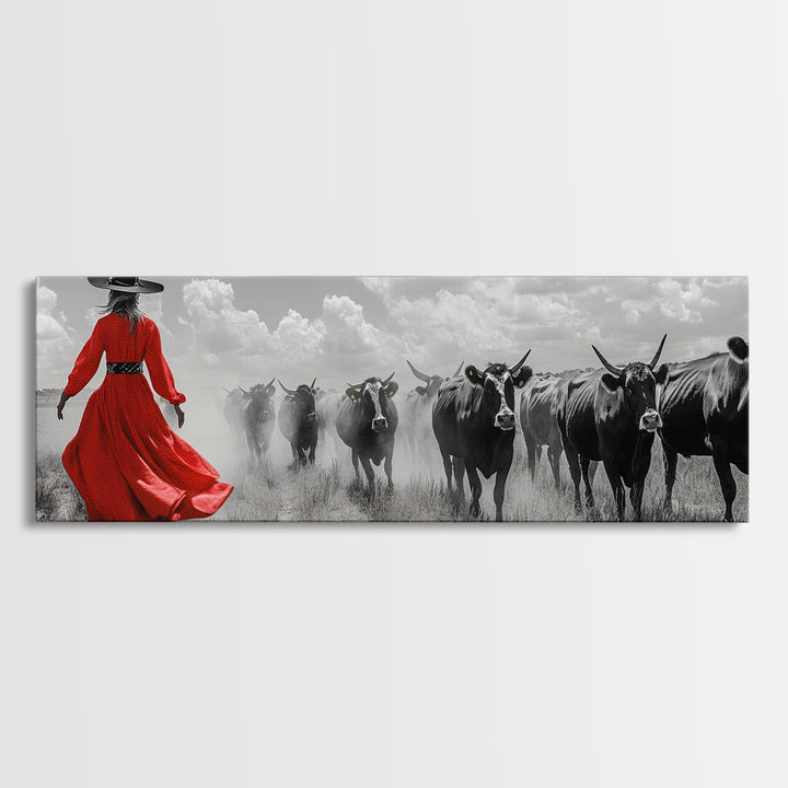 Cowgirl Herding Cattle, Western Art, Ranch Life Art, Black Cowgirl Painting, Rustic Wall Art, Panoramic Art, Canvas Print