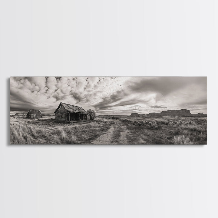 Abandoned cabin, western landscape, rustic wall art, panoramic art, extra wide art, southwest wall art, framed canvas print, farmhouse decor