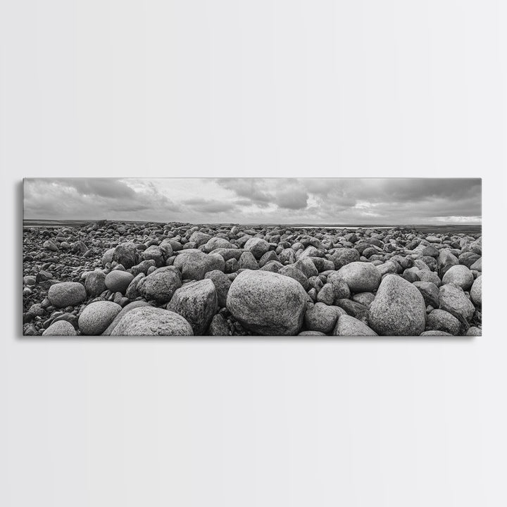 Rocky terrain, minimalist art, wabi sabi art, panoramic art, extra wide art, landscape painting, framed canvas print, moody art, rustic decor