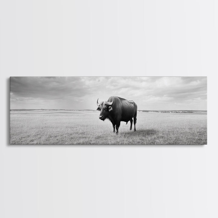 Lone buffalo, western landscape, rustic wall art, panoramic art, extra wide art, farmhouse decor, framed canvas print, wildlife painting, bull and bear art