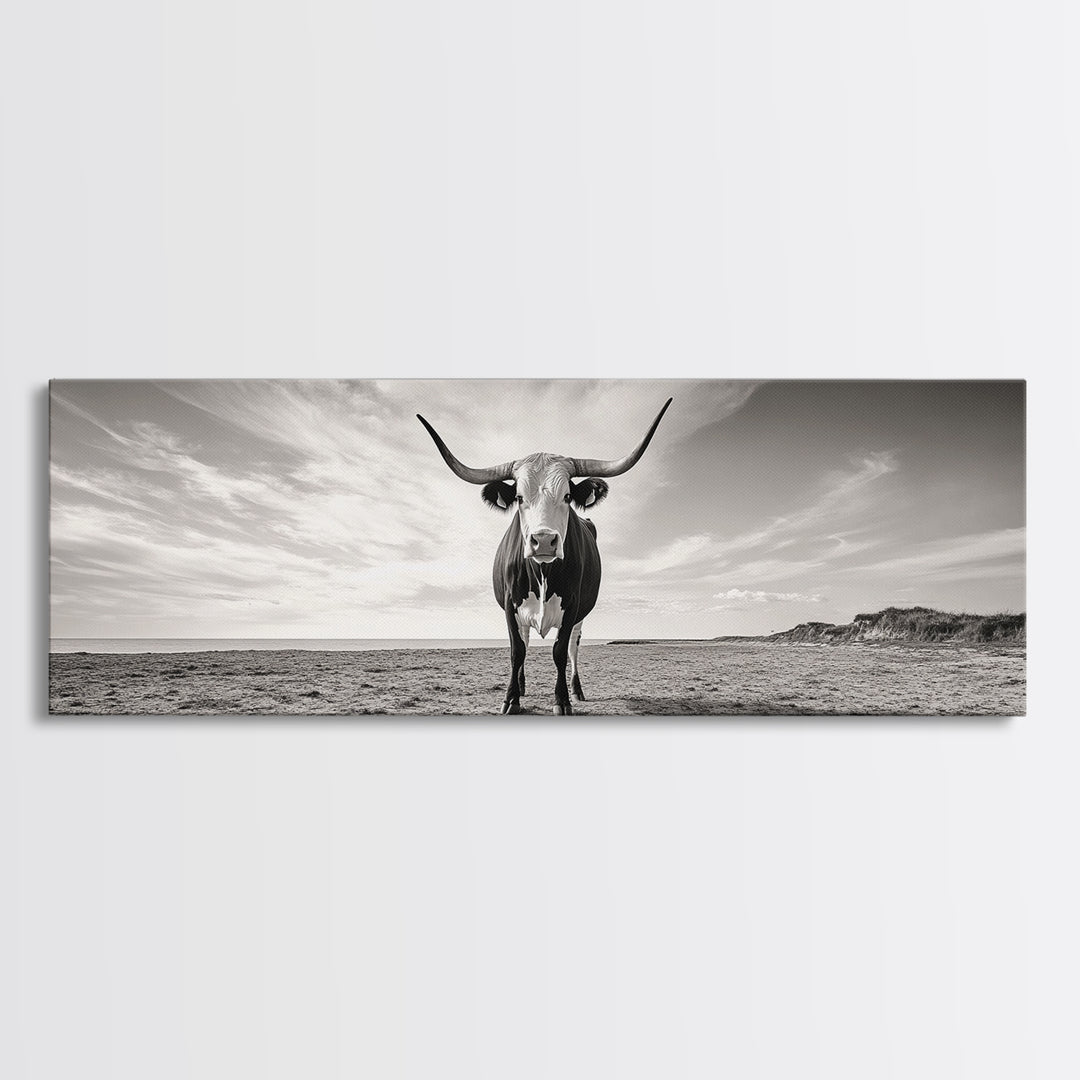 Longhorn, western landscape, bull and bear art, panoramic art, extra wide art, rustic wall art, framed canvas print, farmhouse decor, moody art