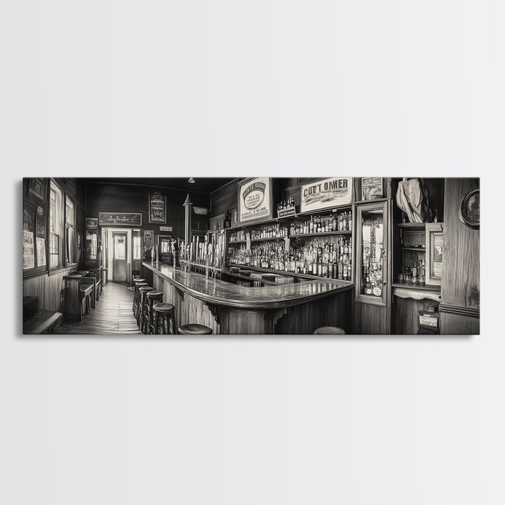Western Saloon, rustic wall art, extra wide art, panoramic art, farmhouse art, bar decor, moody art, framed canvas print, above sofa art