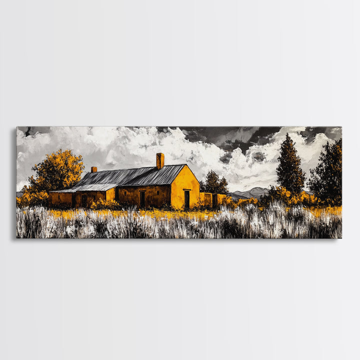 Adobe House, southwest wall art, rustic decor, farmhouse art, warm tones, panoramic art, moody art, extra wide art, framed canvas print