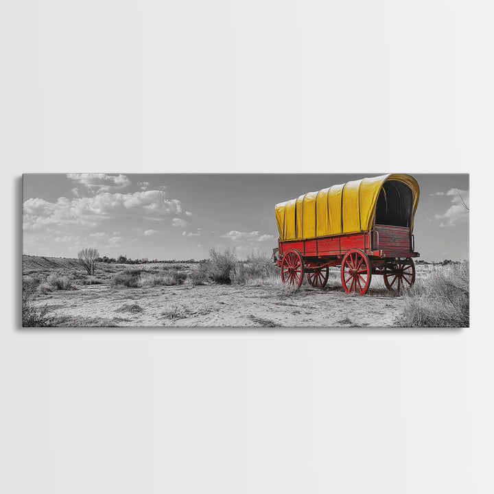 Covered Wagon, Pioneer Art, Old West Decor, Historical Wall Art, Rustic Decor, Landscape Painting, Panoramic Art, Framed Canvas Print