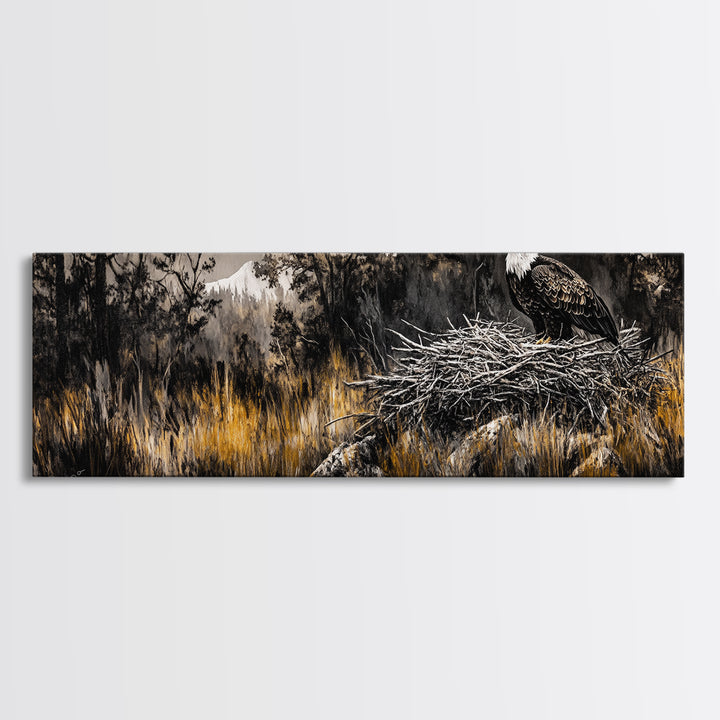 Bald Eagle, wildlife art, eagle painting, southwest wall art, rustic decor, panoramic painting, moody art, framed canvas print, above sofa art