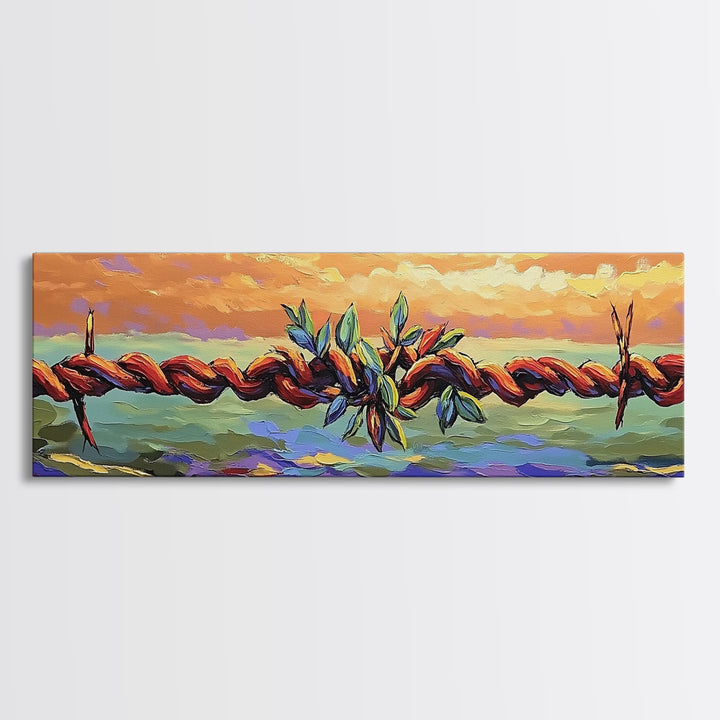 Barbed Wire Sunset, rustic wall art, southwest wall art, vibrant painting, western decor, long narrow wall art, framed canvas print
