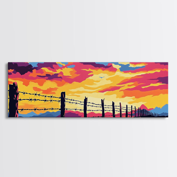 Barbed Wire Fence, southwest wall art, rustic decor, cowboy painting, panoramic art, long narrow wall art, framed canvas print, farmhouse art