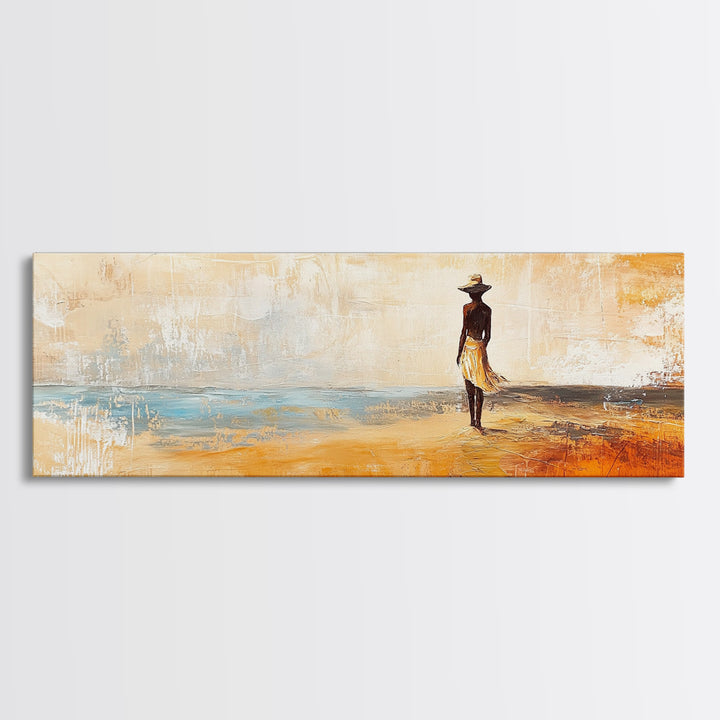 Desert Woman, African art, coastal wall art, rustic decor, minimalist painting, warm tones, framed canvas print, extra wide art