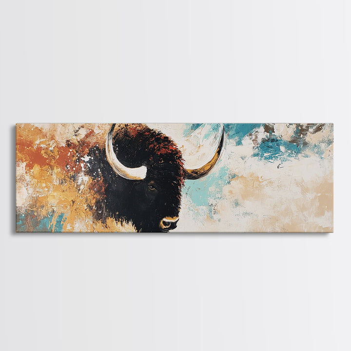 Black and White Buffalo, western wall art, rustic decor, extra wide art, moody art, minimalist painting, framed canvas print, farmhouse art