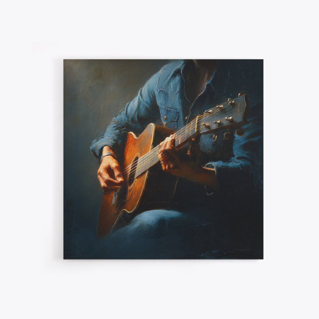 Musician Hands on Guitar Strings Canvas Print, Recording Studio Art, Music Wall Art, Studio Decor, Oil Painting, Analog, RSA-1x1-15
