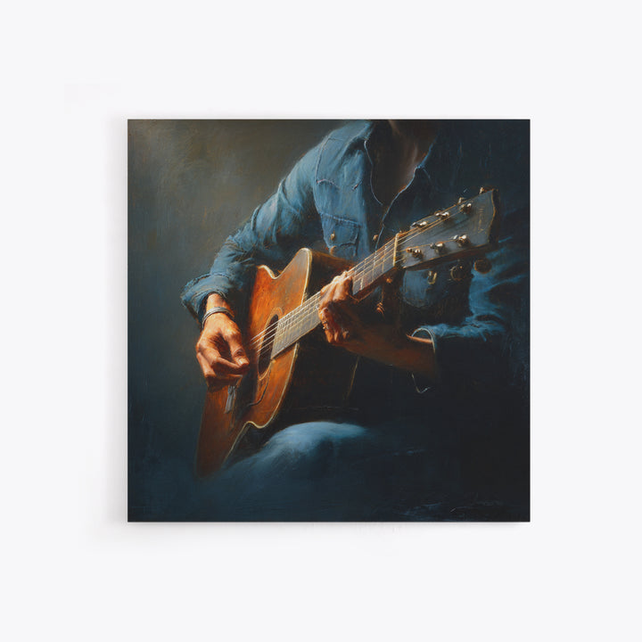 Musician Hands on Guitar Strings Canvas Print, Recording Studio Art, Music Wall Art, Studio Decor, Oil Painting, Analog, RSA-1x1-15