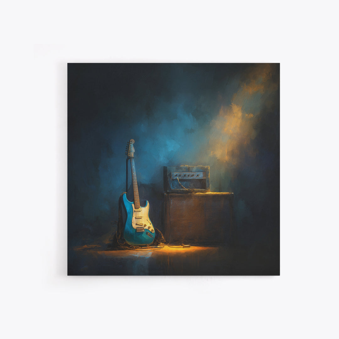 Electric Guitar Beside a Studio Amp Framed Canvas Print, Recording Studio Art, Wall Sculpture, Studio Decor, Oil Painting, RSA-1x1-28