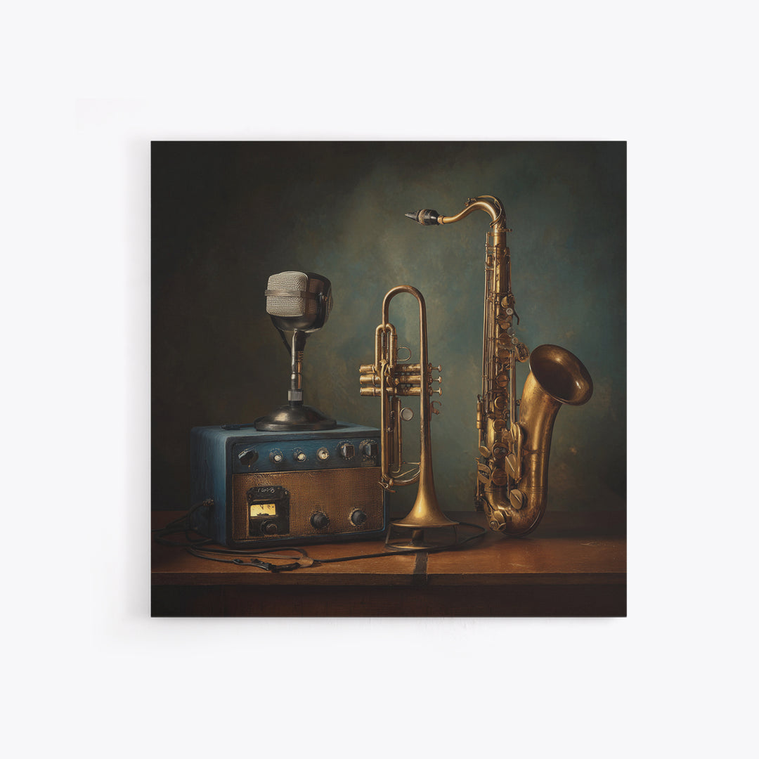 Jazz Trumpet and Microphone Still Life Canvas Print, Recording Studio Art, Unique Home Decor, Studio Decor, Fine Art, Analog, RSA-1x1-31