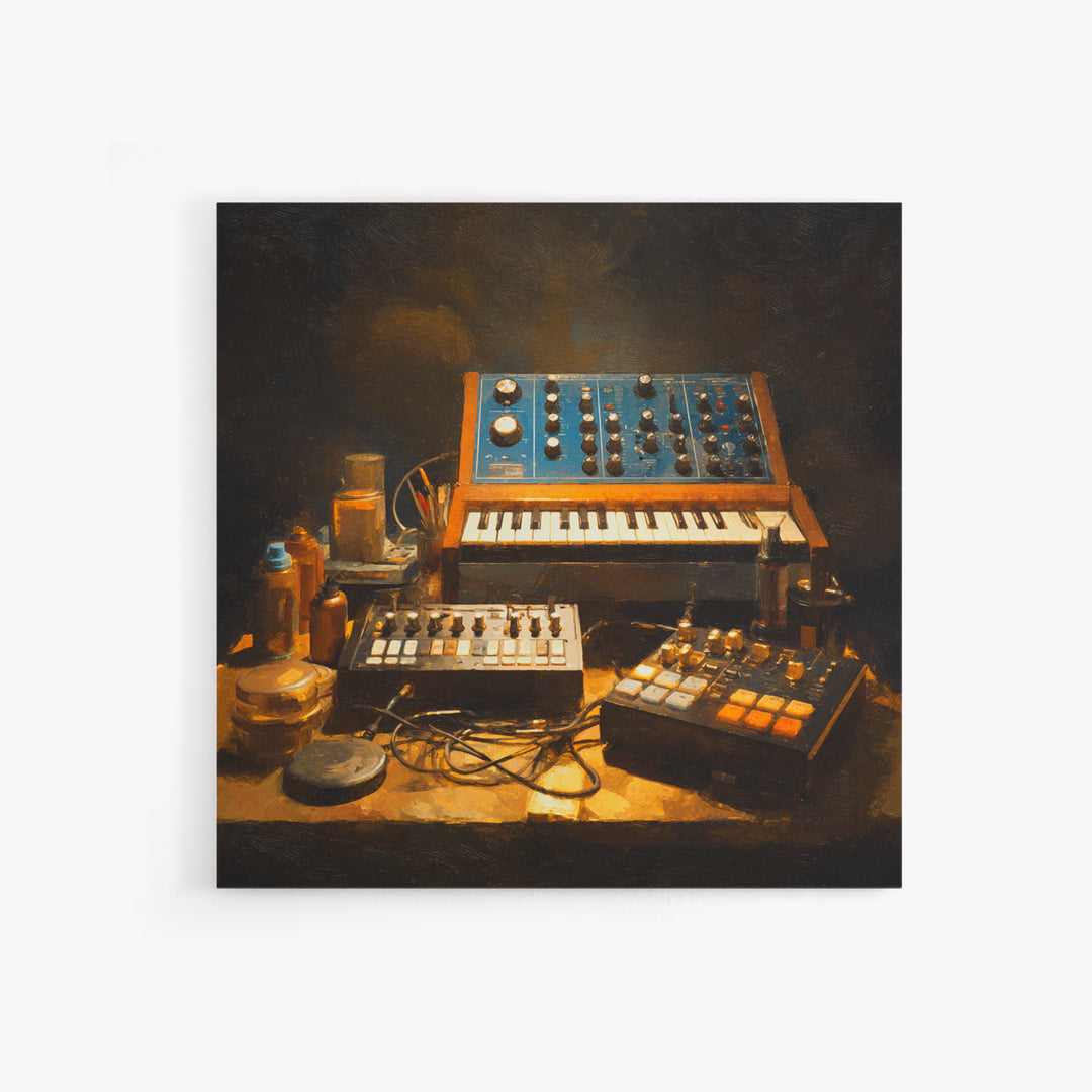 Analog Synthesizer Knobs and Cables Framed Canvas Print, Recording Studio Art, Downloadable Print, Studio Decor, Oil Painting, RSA-1x1-37