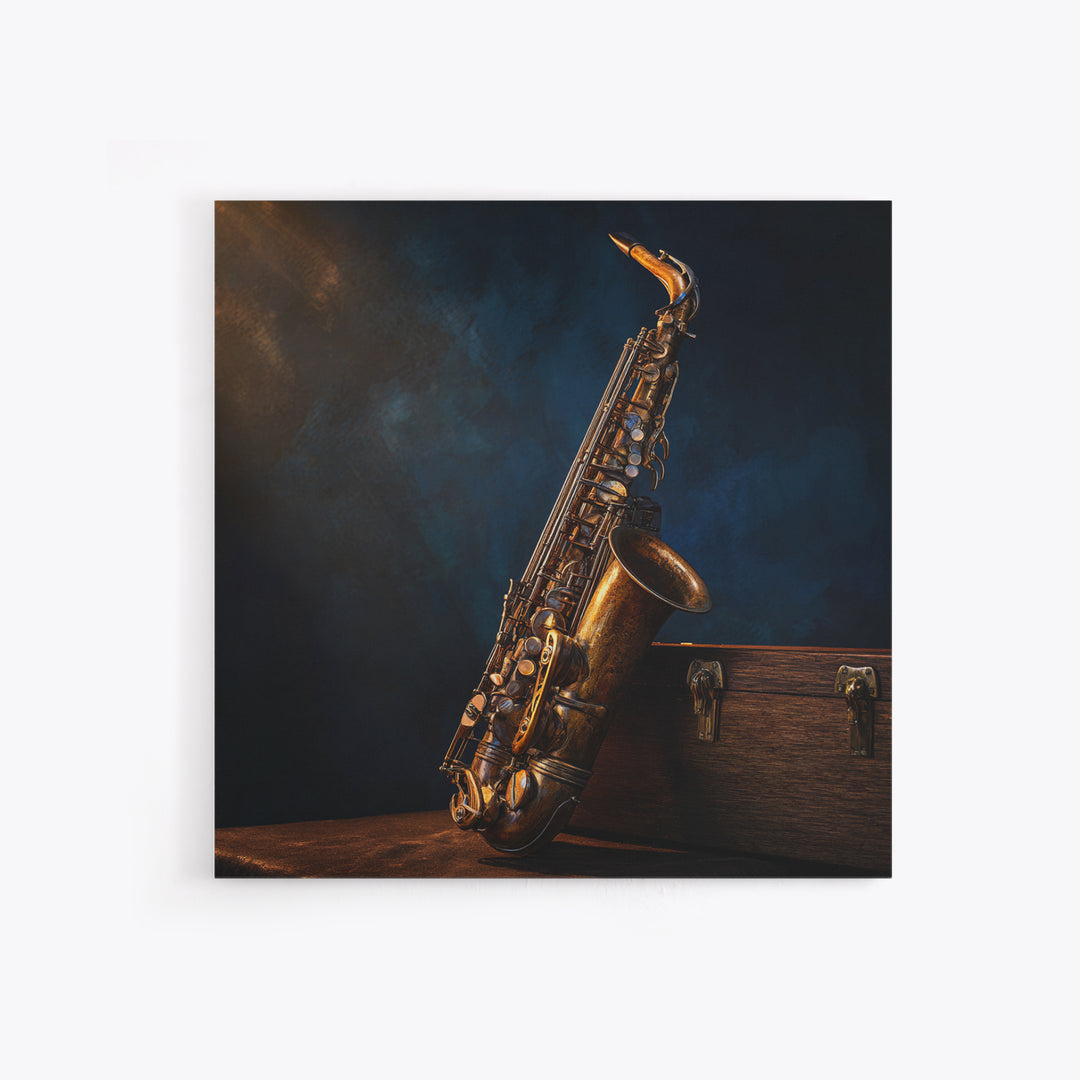 Brass Saxophone on Dark Velvet Framed Canvas Print, Recording Studio Art, Luxury Decor, Studio Decor, Fine Art, Analog, RSA-1x1-40