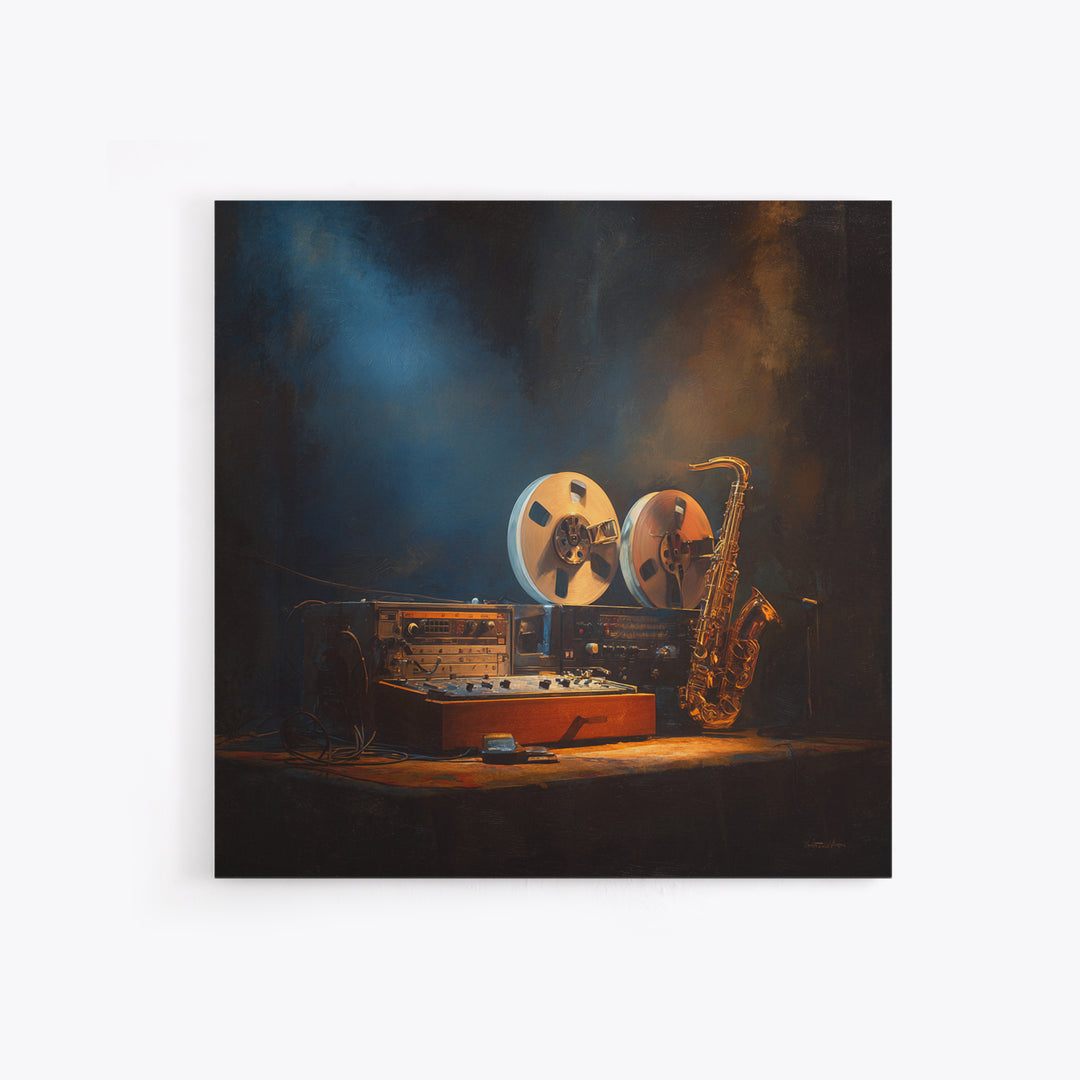 Tape Reels Spinning Through Smoky Light Canvas Print, Recording Studio Art, Black and White Art, Studio Decor, Analog, RSA-1x1-43
