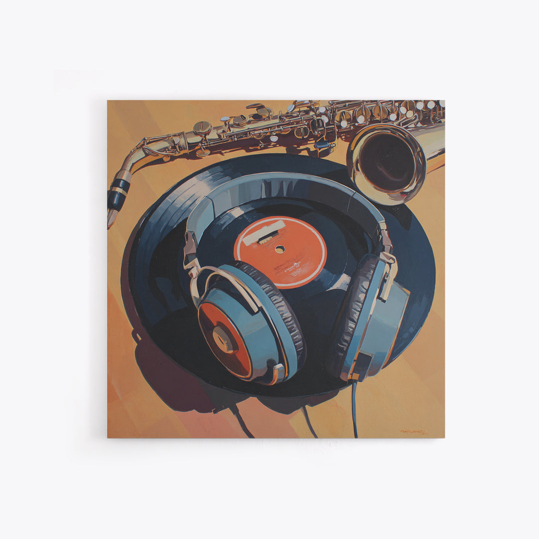Headphones Resting on a Vinyl Record Canvas Print, Recording Studio Art, Headphones Poster, Studio Decor, Fine Art, Analog, RSA-1x1-5