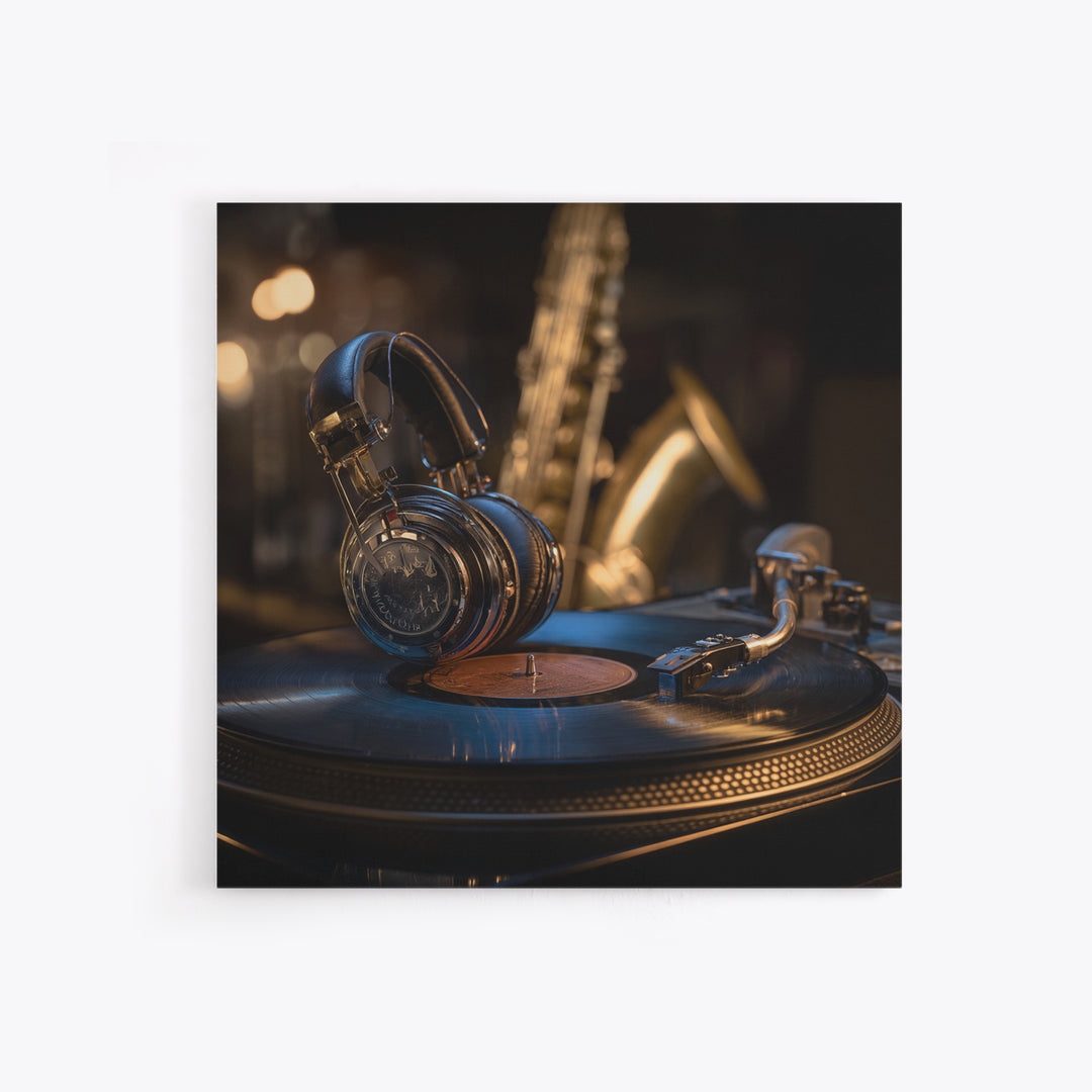 Headphones Resting on a Vinyl Record Framed Canvas Print, Recording Studio Art, Music Room Decor, Studio Decor, Analog, RSA-1x1-53