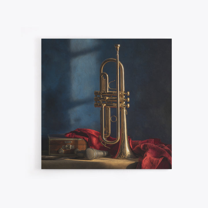 Jazz Trumpet and Microphone Still Life Framed Canvas Print, Recording Studio Art, Retro Wall Art, Studio Decor, Analog, RSA-1x1-7