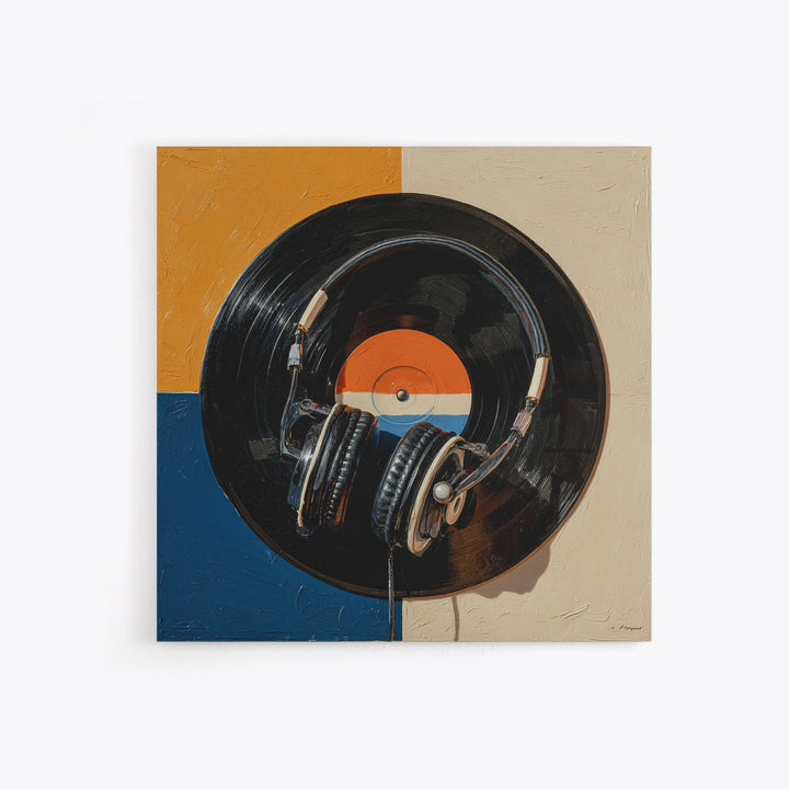 Headphones Resting on a Vinyl Record Canvas Print, Recording Studio Art, Modern Decor, Studio Decor, Fine Art, Analog, RSA-1x1-77