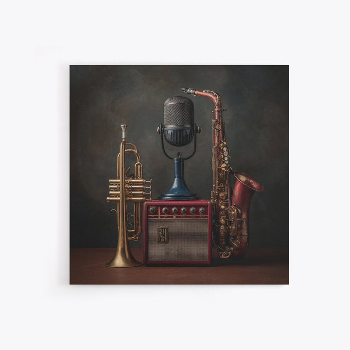 Jazz Trumpet and Microphone Still Life Framed Canvas Print, Recording Studio Art, Gallery Decor, Studio Decor, Oil Painting, RSA-1x1-79