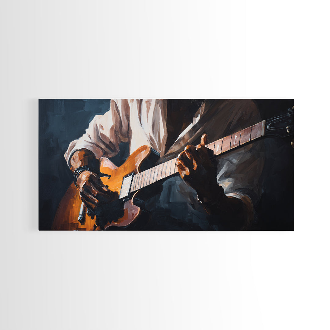 Musician Hands on Guitar Strings Framed Canvas Print, Recording Studio Art, Kids Room Art, Studio Decor, Fine Art, Analog, RSA-2x1-11