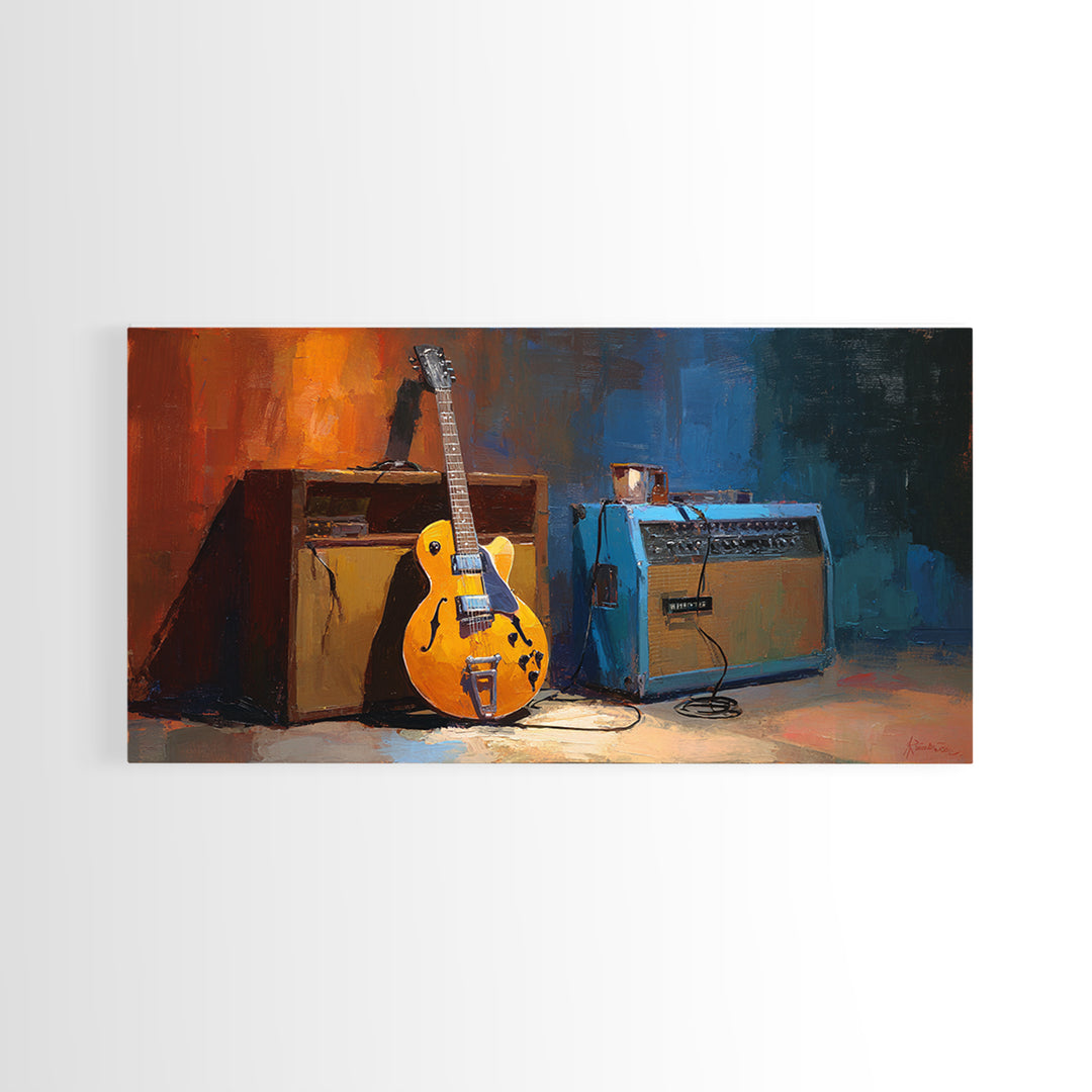 Electric Guitar Beside a Studio Amp Framed Canvas Print, Recording Studio Art, Textured Painting, Studio Decor, Analog, RSA-2x1-24