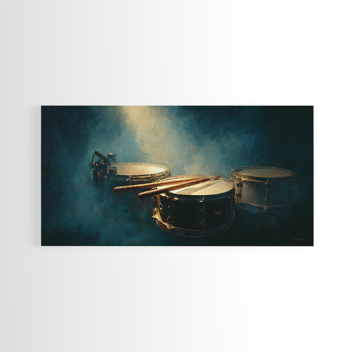 Drumsticks Crossed over Snare Drum Framed Canvas Print, Recording Studio Art, Modern Decor, Studio Decor, Fine Art, Analog, RSA-2x1-6