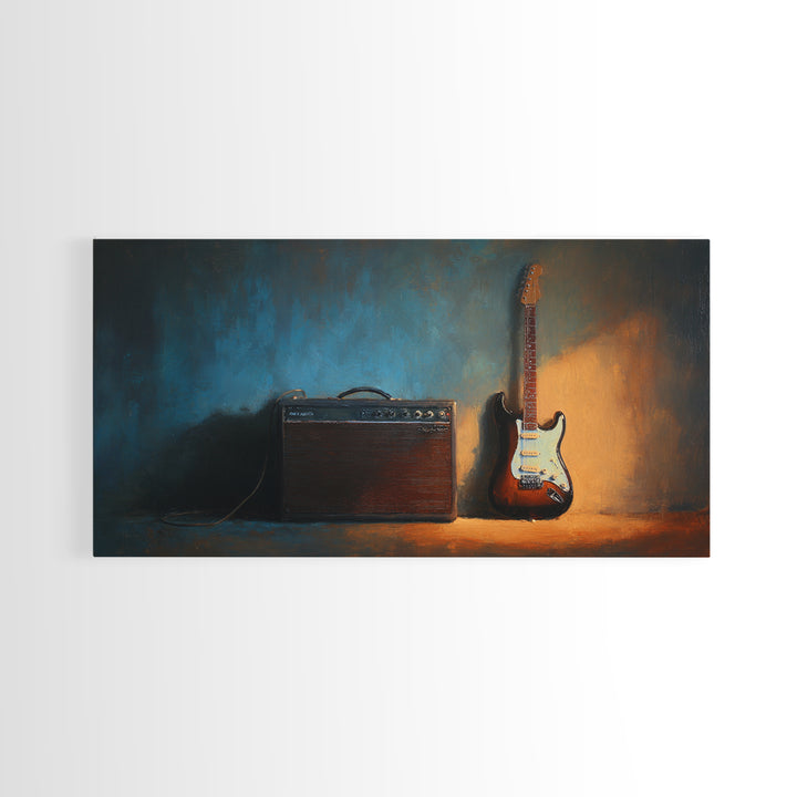 Electric Guitar Beside a Studio Amp Framed Canvas Print, Recording Studio Art, Dtf Prints, Studio Decor, Fine Art, Analog, RSA-2x1-72