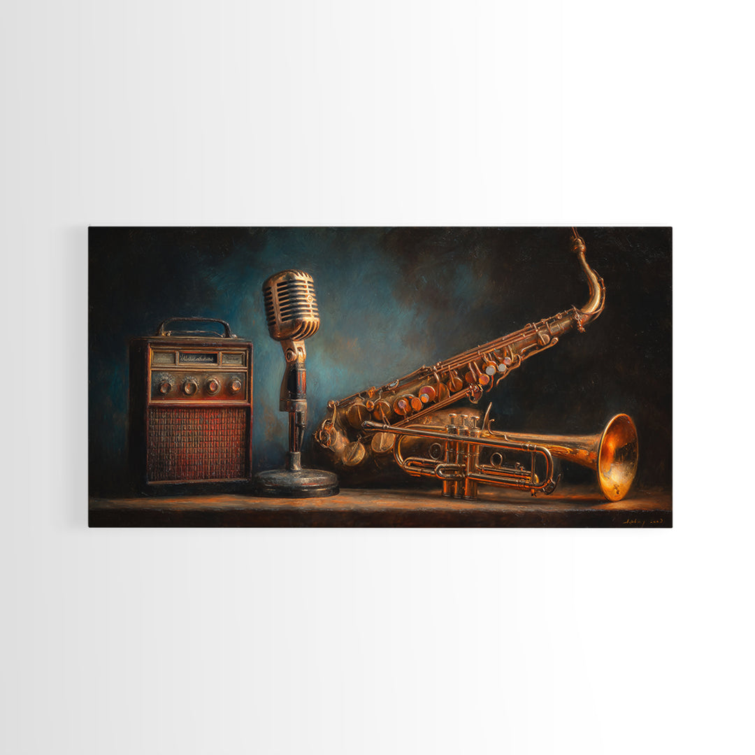 Jazz Trumpet and Microphone Still Life Framed Canvas Print, Recording Studio Art, Neutral Decor, Studio Decor, Fine Art, Analog, RSA-2x1-75