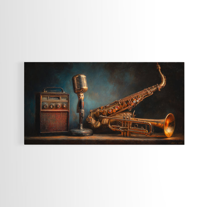 Jazz Trumpet and Microphone Still Life Framed Canvas Print, Recording Studio Art, Neutral Decor, Studio Decor, Fine Art, Analog, RSA-2x1-75