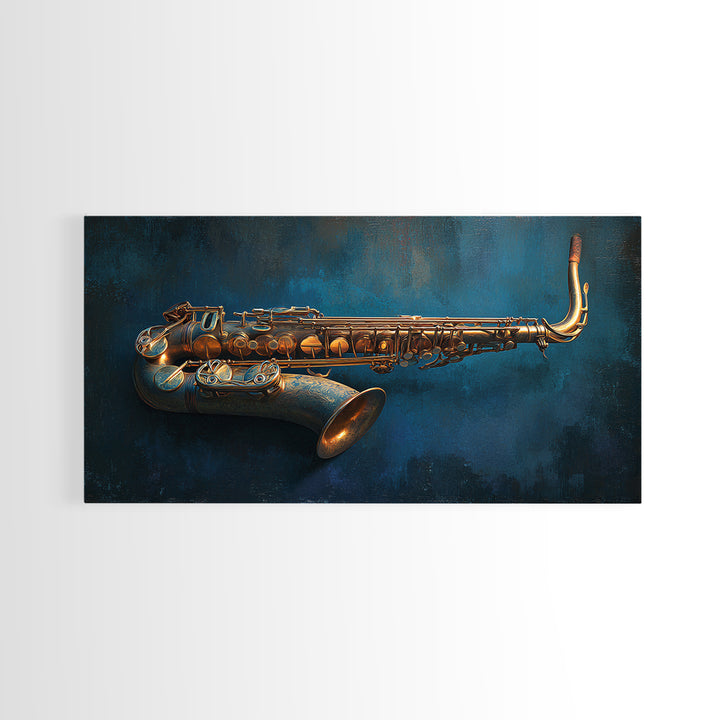 Brass Saxophone on Dark Velvet Framed Canvas Print, Recording Studio Art, Kids Room Art, Studio Decor, Fine Art, Analog, RSA-2x1-84