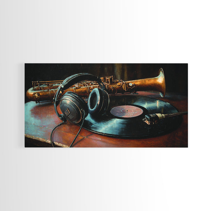 Headphones Resting on a Vinyl Record Framed Canvas Print, Recording Studio Art, Modern Wall Art, Studio Decor, Fine Art, Analog, RSA-2x1-97