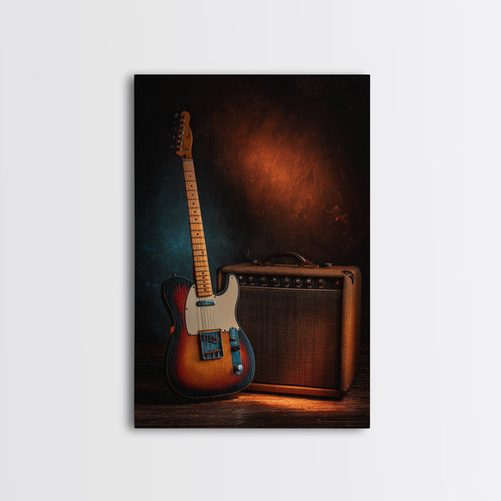 Electric Guitar Beside a Studio Amp Framed Canvas Print, Recording Studio Art, Fine Art Print, Studio Decor, Oil Painting, RSA-2x3-12