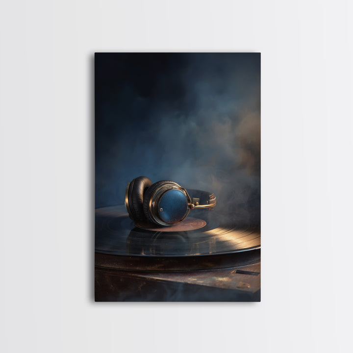 Headphones Resting on a Vinyl Record Framed Canvas Print, Recording Studio Art, Room Decor, Studio Decor, Fine Art, Analog, RSA-2x3-13