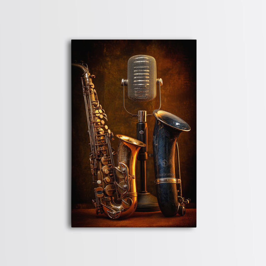 Jazz Trumpet and Microphone Still Life Canvas Print, Recording Studio Art, Youtube Studio Decor, Studio Decor, Fine Art, Analog, RSA-2x3-15
