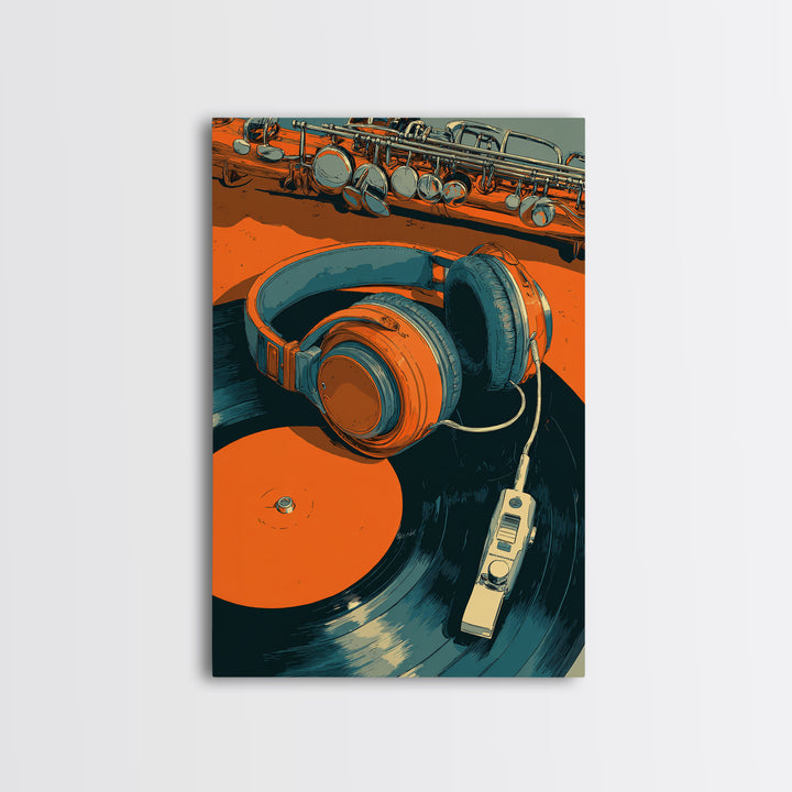 Headphones Resting on a Vinyl Record Framed Canvas Print, Recording Studio Art, Room Decor, Studio Decor, Fine Art, Analog, RSA-2x3-37