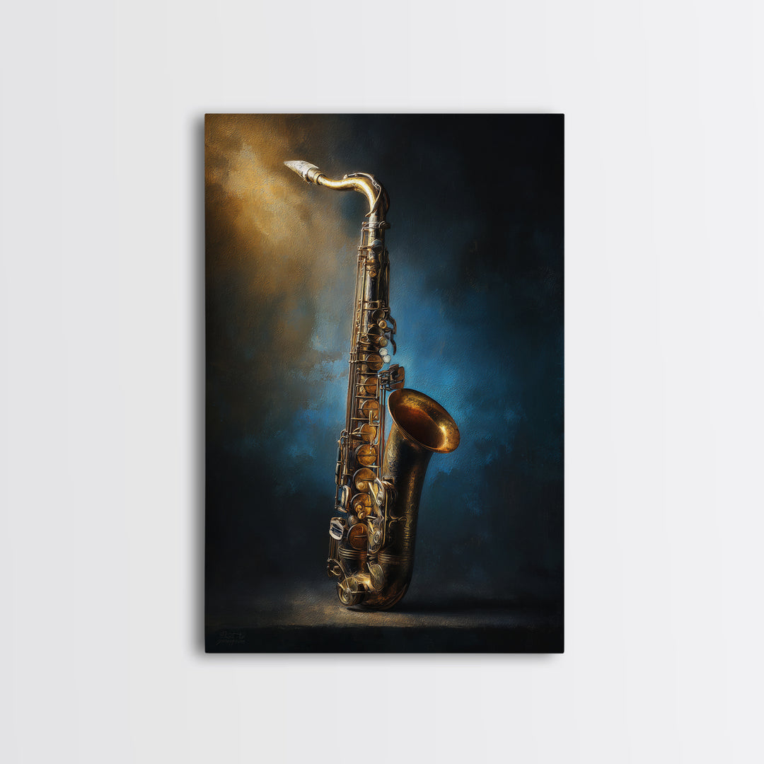 Brass Saxophone on Dark Velvet Canvas Print, Recording Studio Art, Neutral Decor, Studio Decor, Oil Painting, Analog, RSA-2x3-72