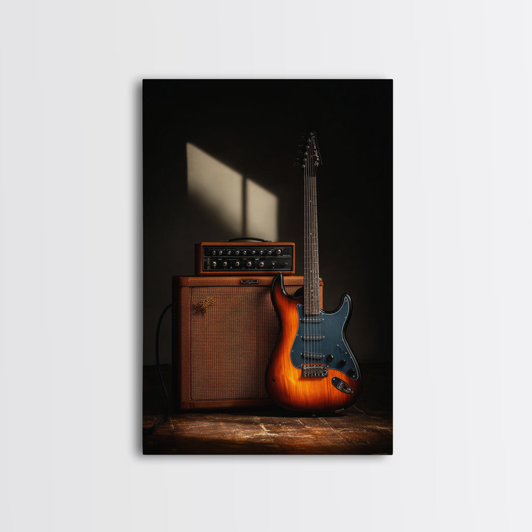 Electric Guitar Beside a Studio Amp Framed Canvas Print, Recording Studio Art, Music Art, Studio Decor, Fine Art, Analog, RSA-2x3-84
