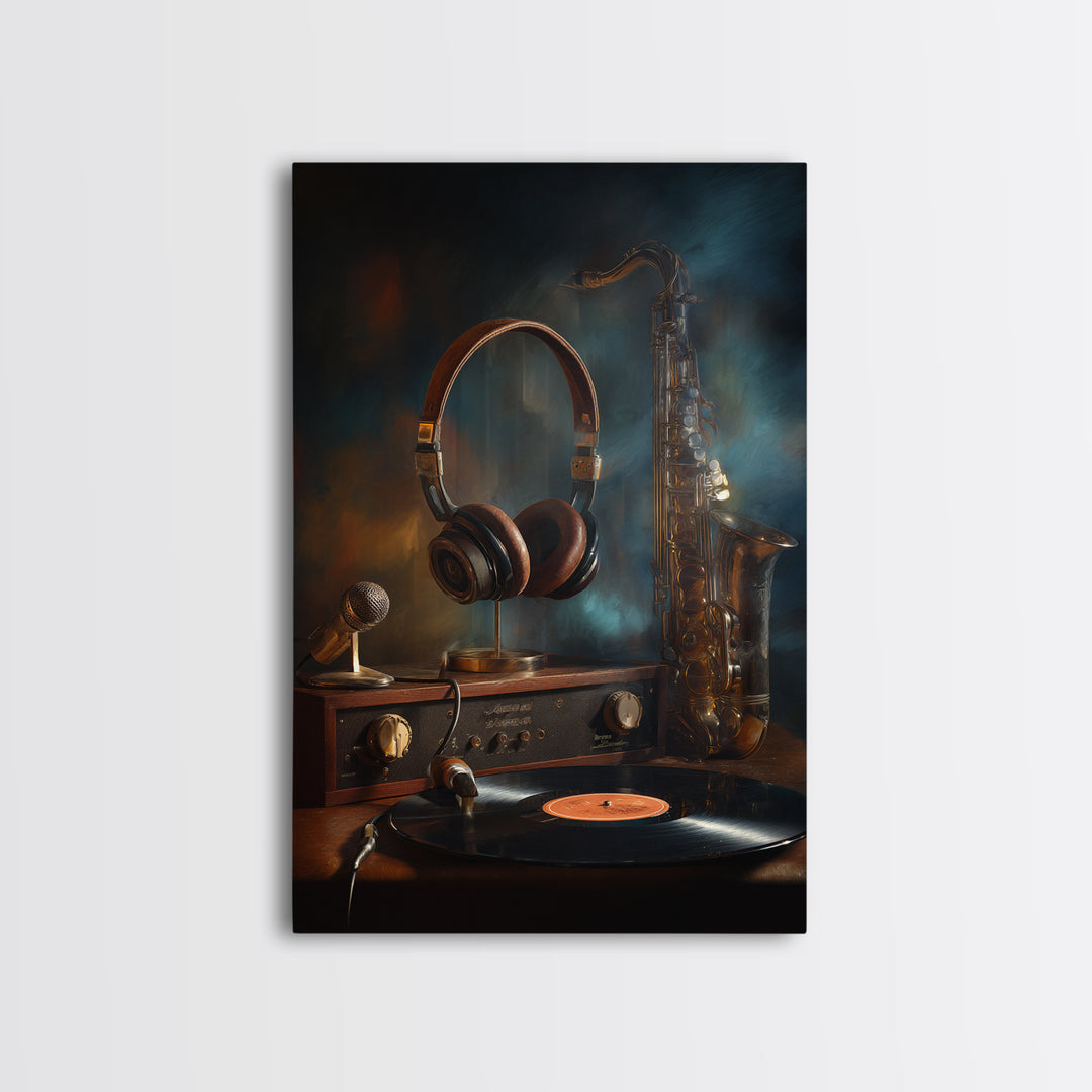 Headphones Resting on a Vinyl Record Framed Canvas Print, Recording Studio Art, Wall Sculpture, Studio Decor, Fine Art, Analog, RSA-2x3-85
