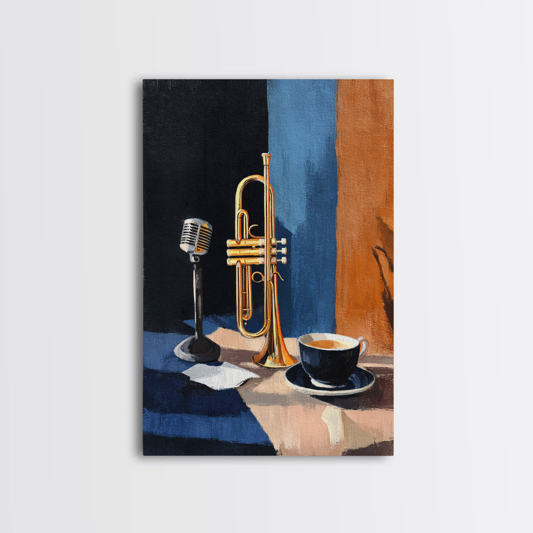 Jazz Trumpet and Microphone Still Life Framed Canvas Print, Recording Studio Art, Printable Art, Studio Decor, Fine Art, Analog, RSA-2x3-87