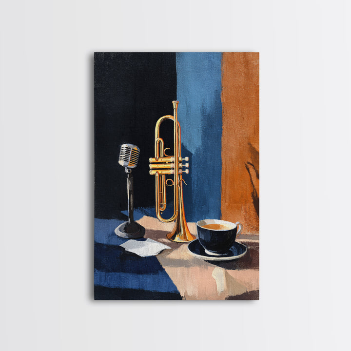Jazz Trumpet and Microphone Still Life Framed Canvas Print, Recording Studio Art, Printable Art, Studio Decor, Fine Art, Analog, RSA-2x3-87