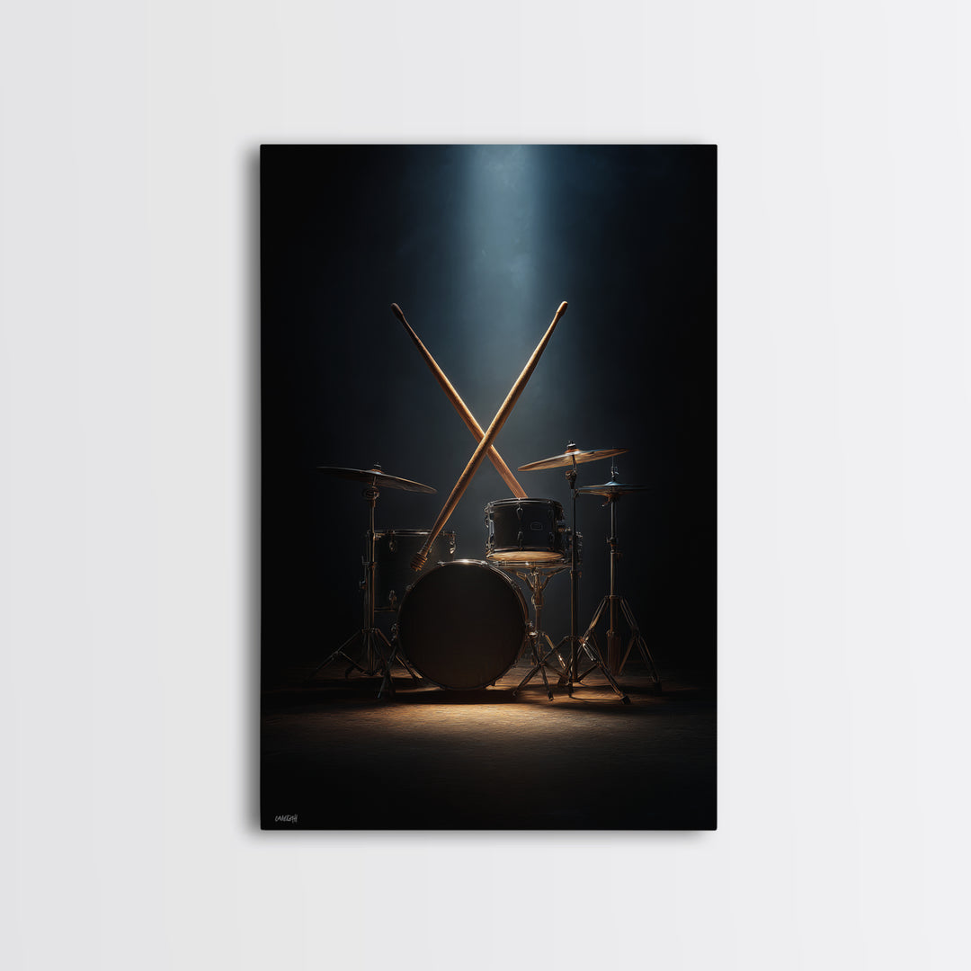 Drumsticks Crossed over Snare Drum Framed Canvas Print, Recording Studio Art, Wall Decor, Studio Decor, Fine Art, Analog, RSA-2x3-90