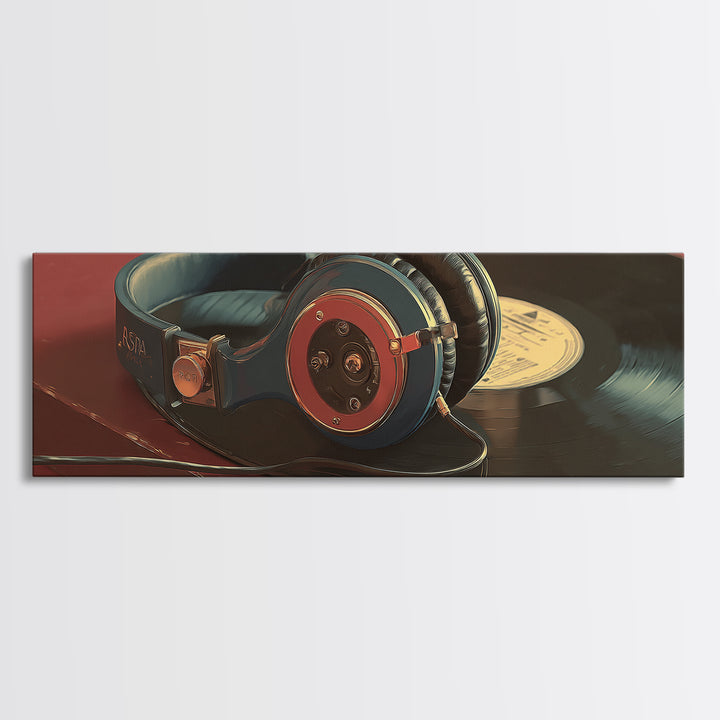 Headphones Resting on a Vinyl Record Canvas Print, Recording Studio Art, Digital Download Art, Studio Decor, Fine Art, Analog, RSA-3x1-45