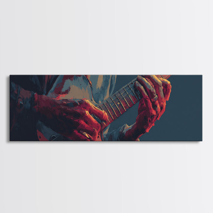Musician Hands on Guitar Strings Framed Canvas Print, Recording Studio Art, Wall Sculpture, Studio Decor, Oil Painting, Analog, RSA-3x1-79